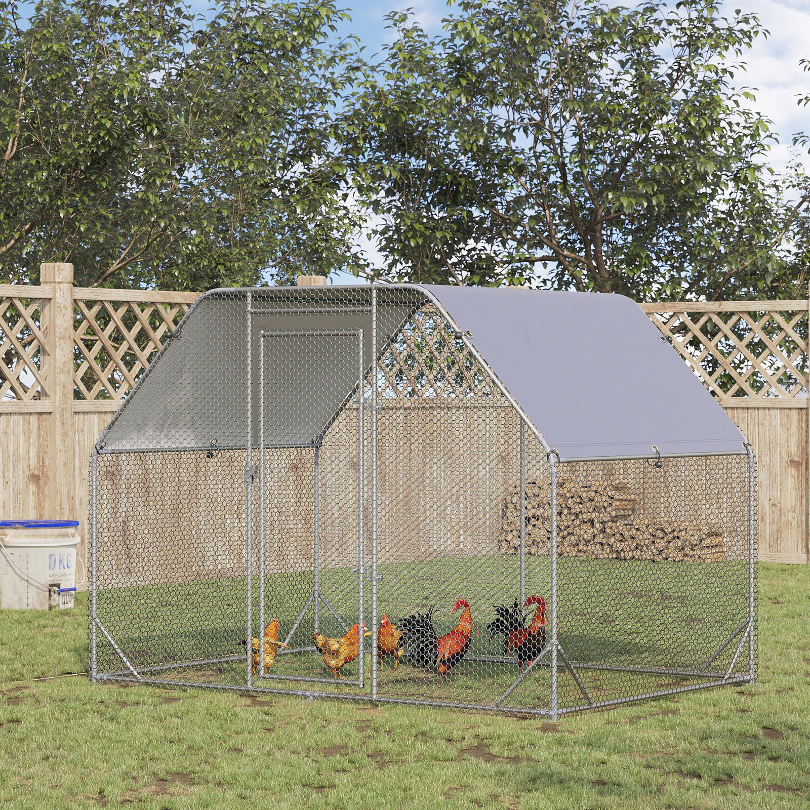 Galinheiro para exterior grande de aço galvanizado 280x190x195 cm gaiola para galinhas com cobertura de tecido oxford prata