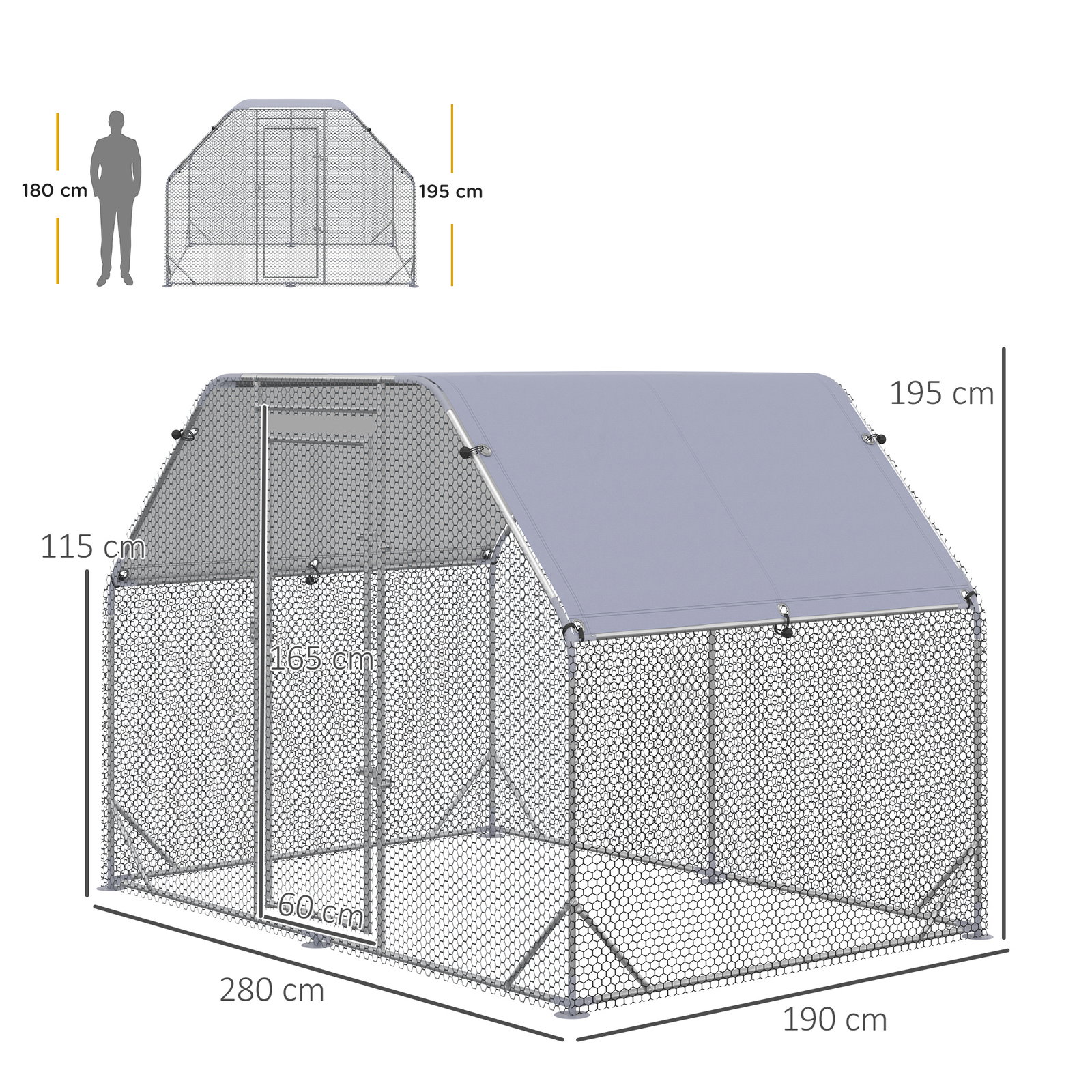 Galinheiro para exterior grande de aço galvanizado 280x190x195 cm gaiola para galinhas com cobertura de tecido oxford prata