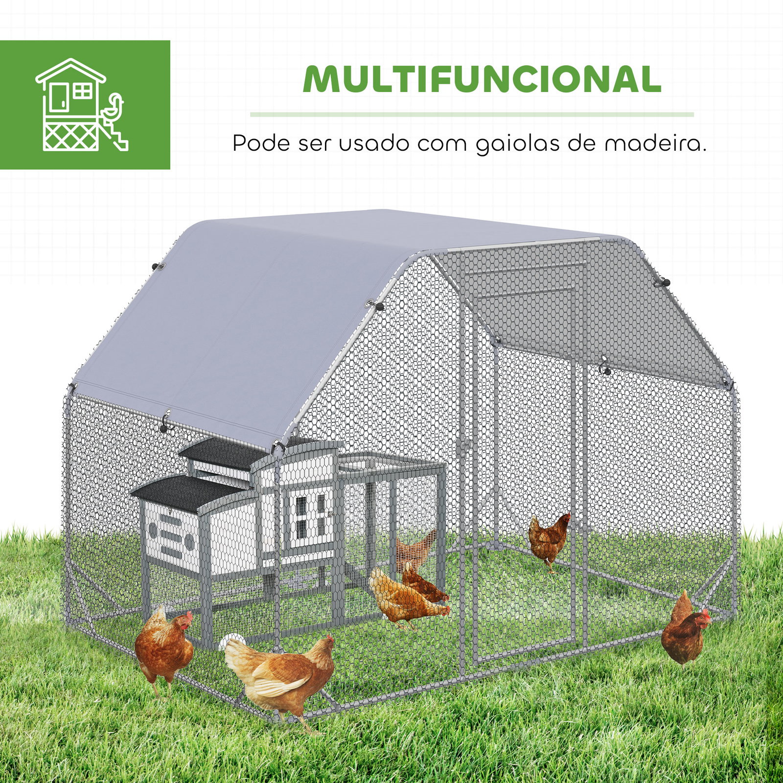Galinheiro para exterior grande de aço galvanizado 280x190x195 cm gaiola para galinhas com cobertura de tecido oxford prata
