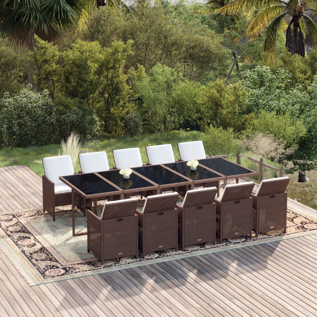 11 Pcs conjunto jantar p/ jardim c/ almofadões vime PE castanho