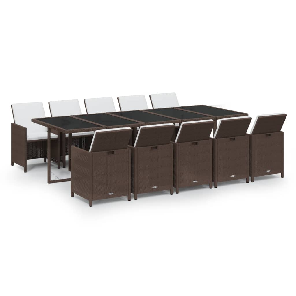 11 Pcs conjunto jantar p/ jardim c/ almofadões vime PE castanho