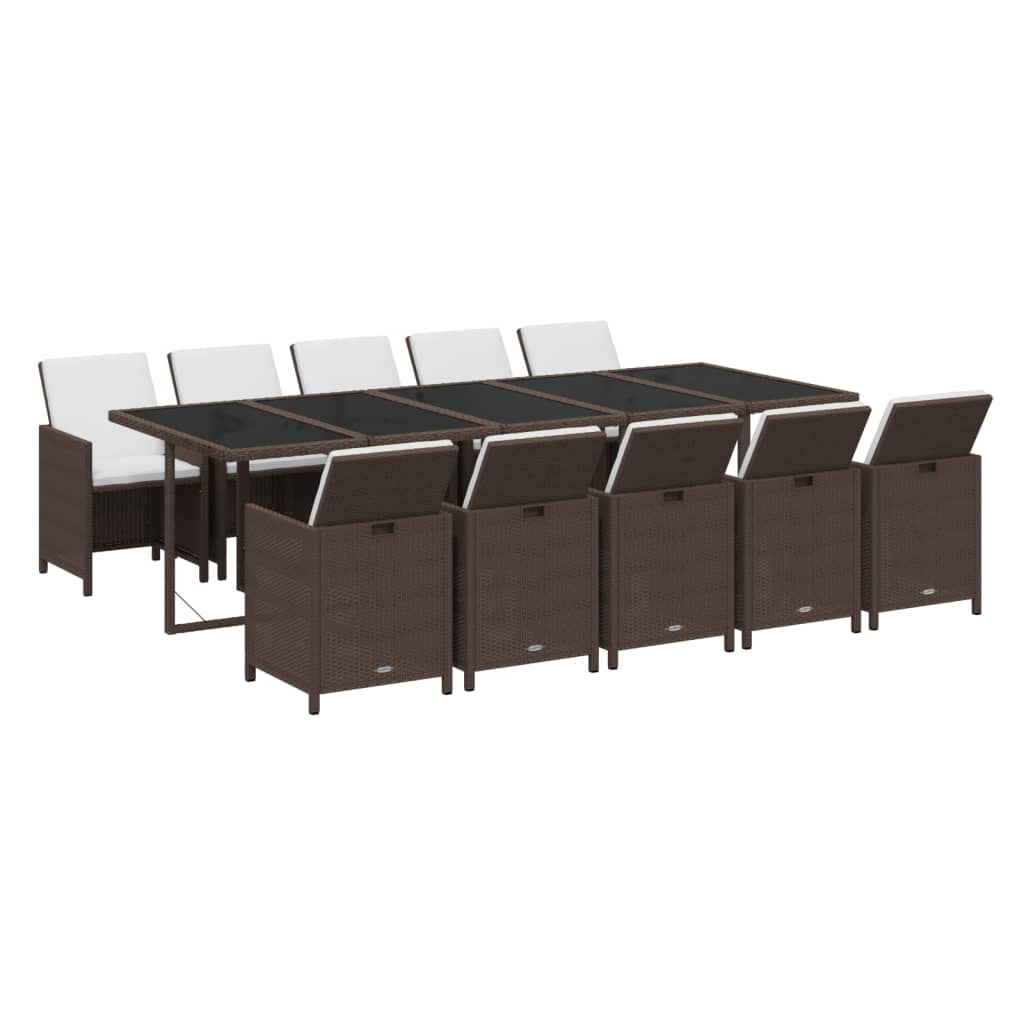 11 Pcs conjunto jantar p/ jardim c/ almofadões vime PE castanho