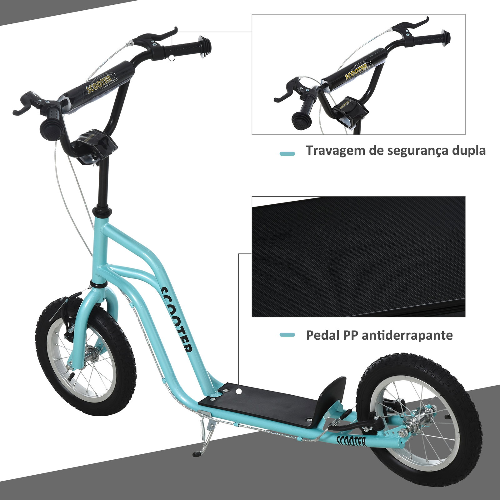 Trotinete para crianças com guiador ajustável em altura travão duplo e estrutura de aço 120x58x75-80 cm azul