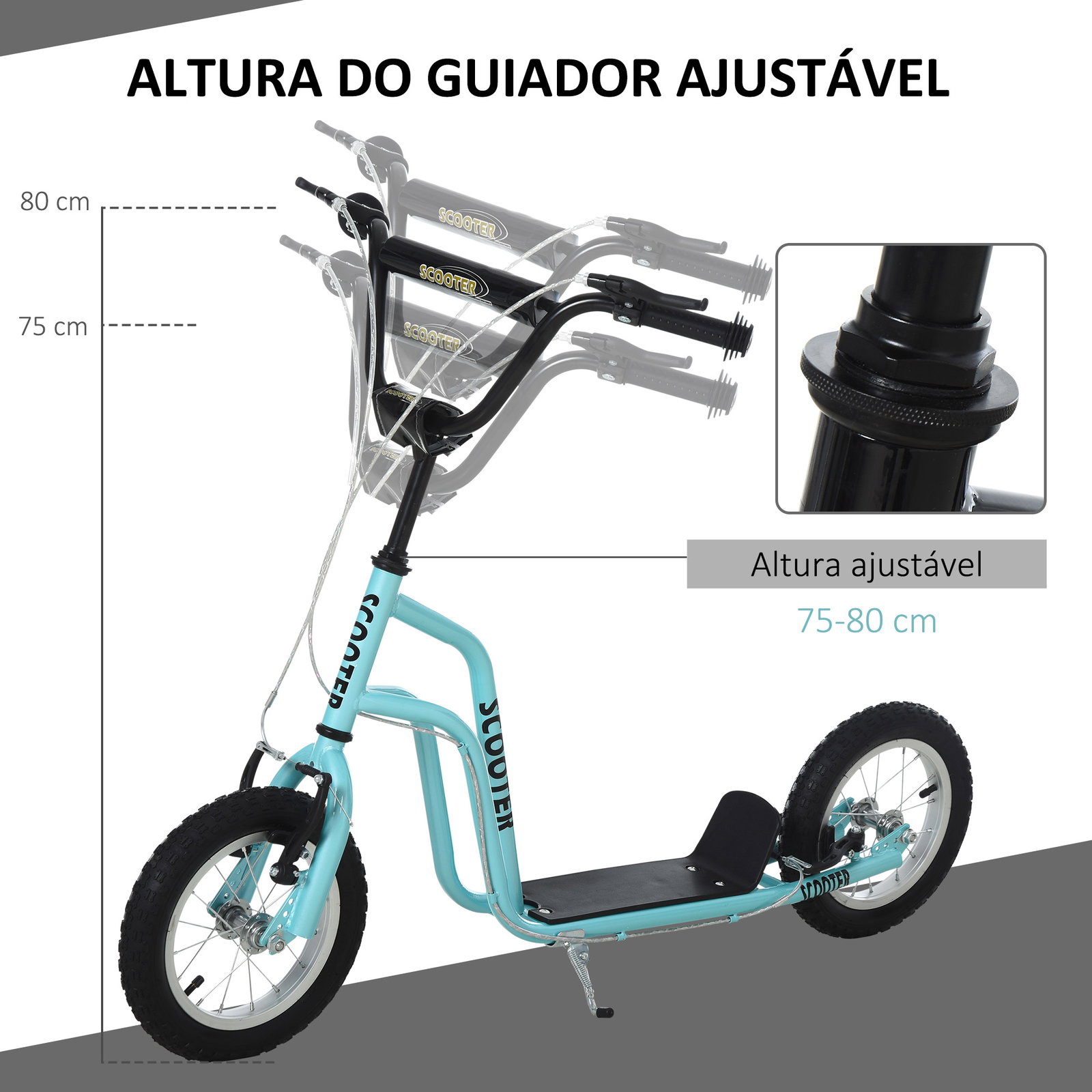 Trotinete para crianças com guiador ajustável em altura travão duplo e estrutura de aço 120x58x75-80 cm azul
