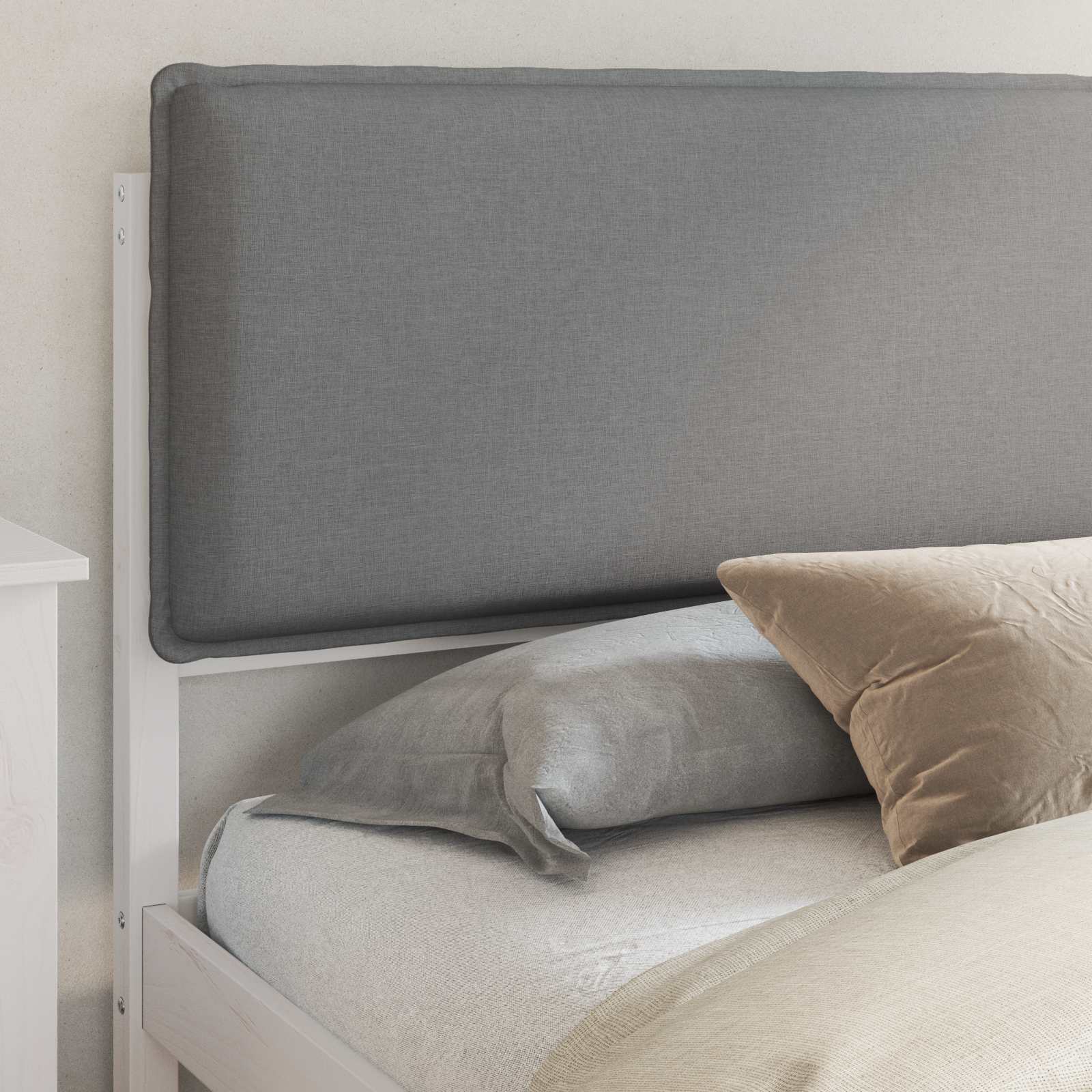 Estrutura de cama com cabeceira estofada cinzento-claro