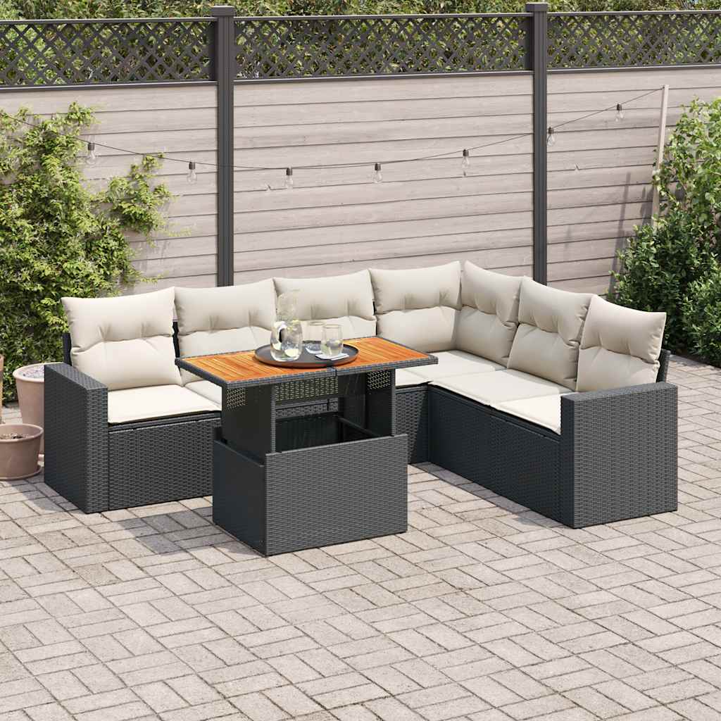 7 Pcs conjunto de sofás p/ jardim c/ almofadões vime PE preto