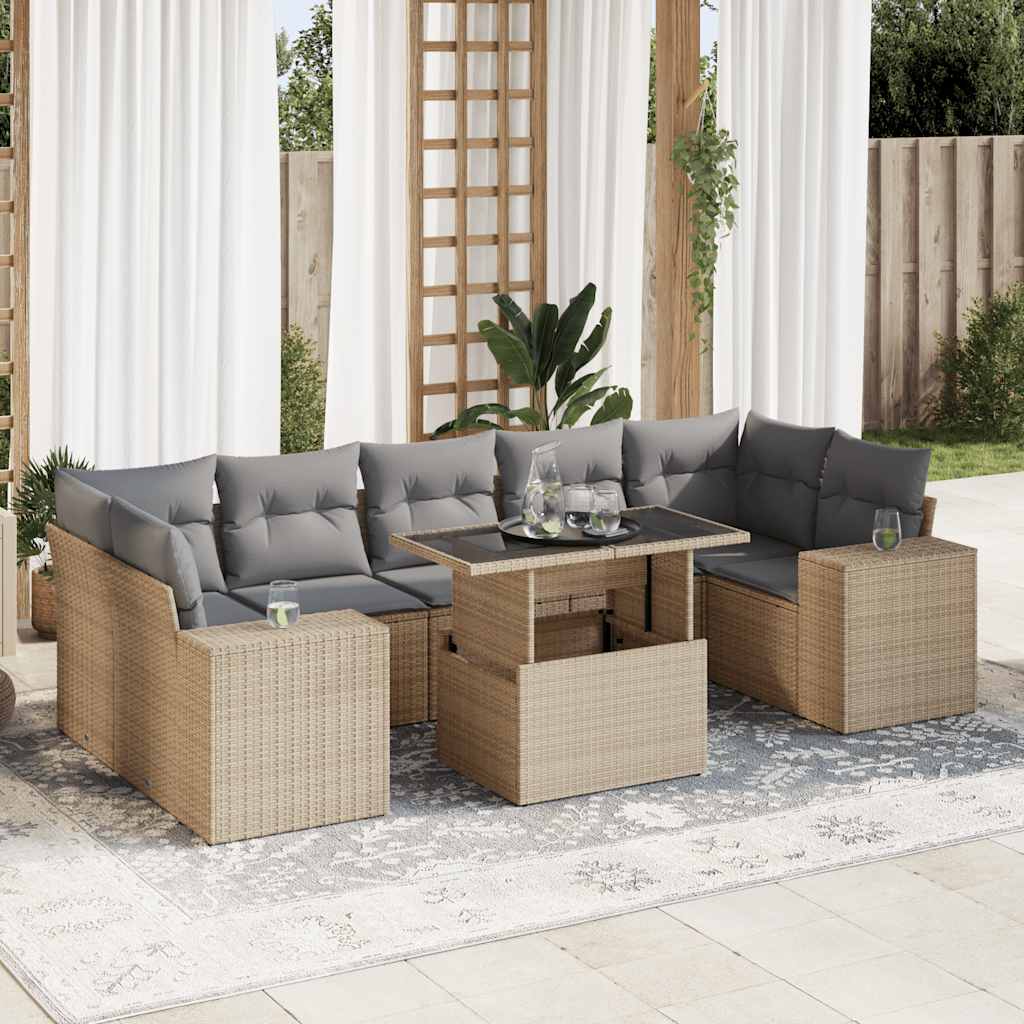 8 Pcs conjunto de sofás p/ jardim com almofadões vime PE bege