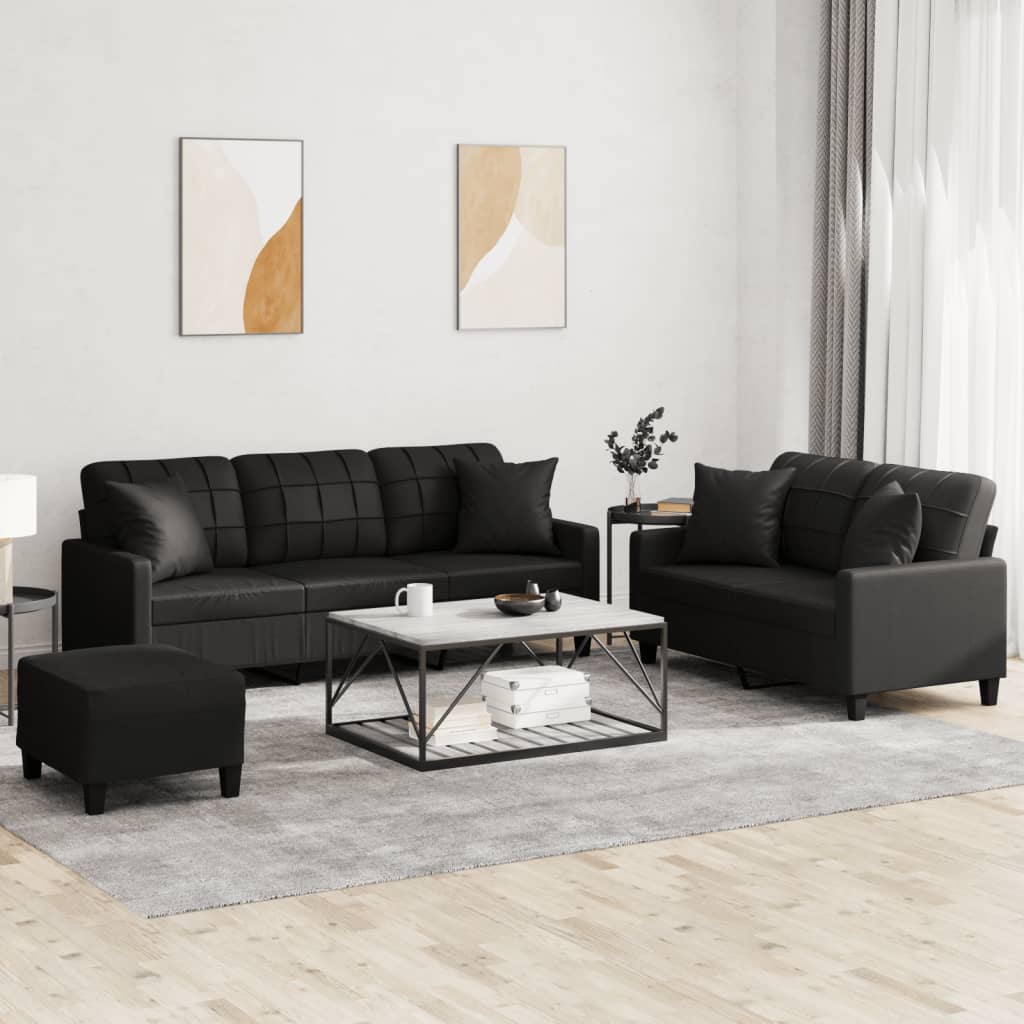 3 Pcs conjunto de sofás com almofadas couro artificial preto