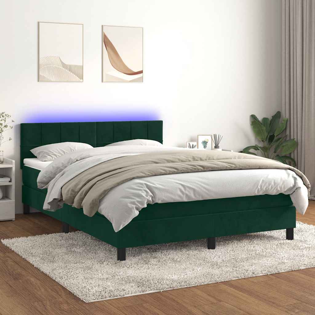 Cama box spring c/ colchão/LED 140x200 cm veludo verde-escuro