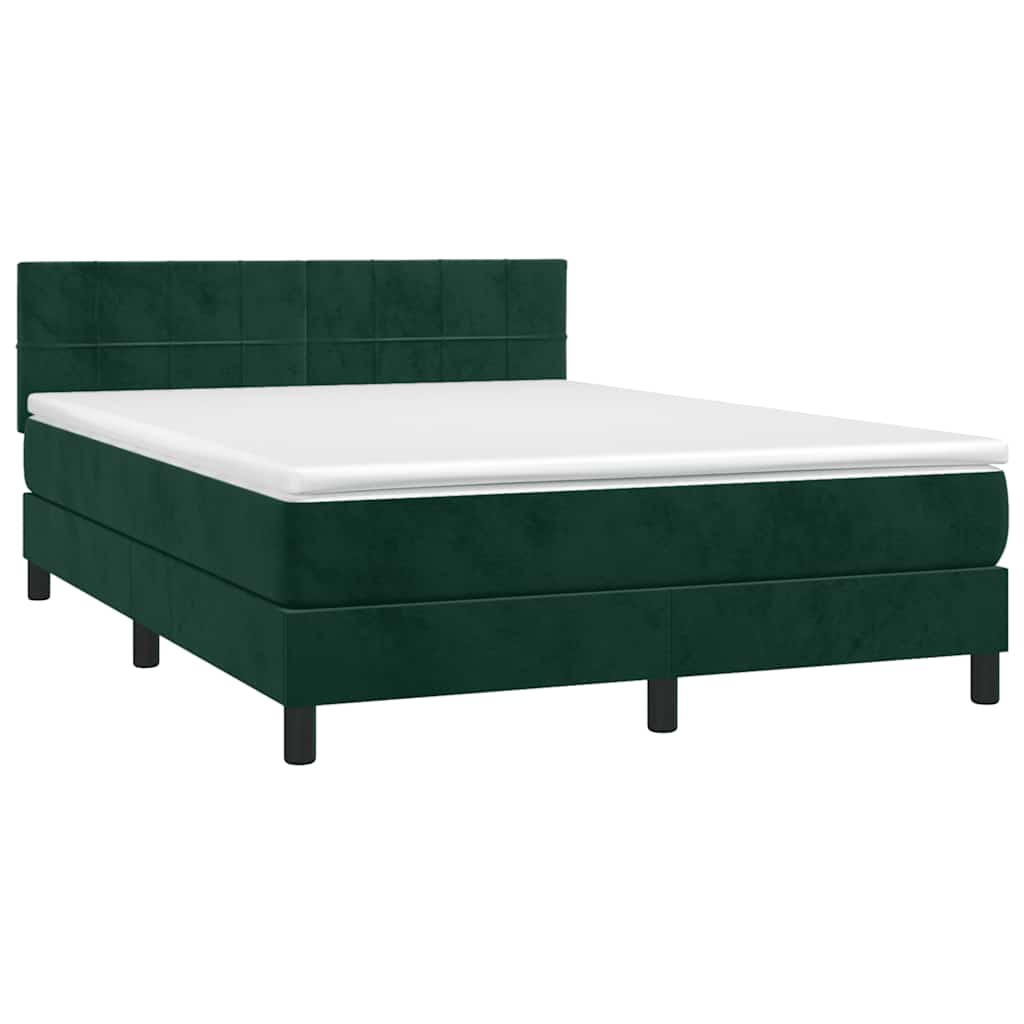 Cama box spring c/ colchão/LED 140x200 cm veludo verde-escuro