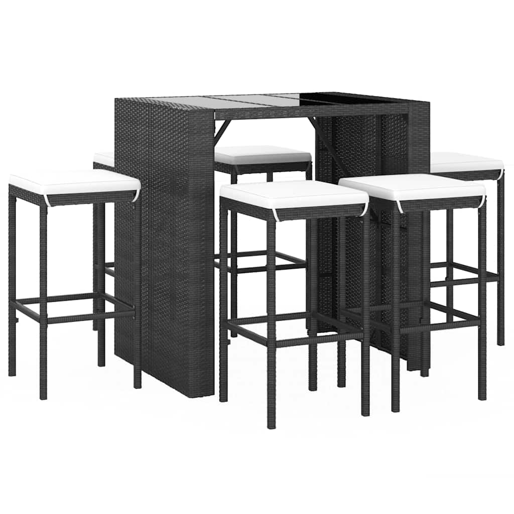 7 Pcs conjunto de bar para jardim c/ almofadões vime PE preto