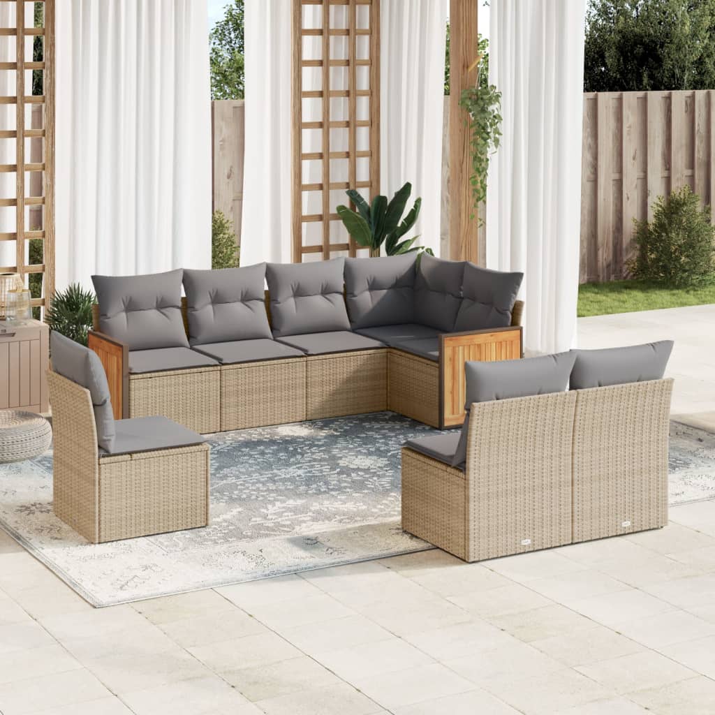 8 Pcs conjunto de sofás p/ jardim com almofadões vime PE bege
