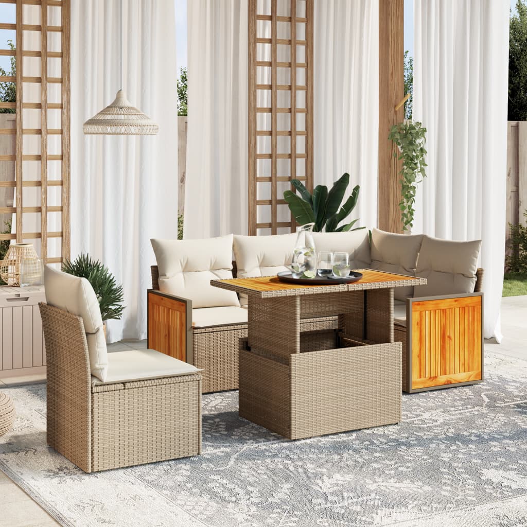 6 Pcs conjunto de sofás p/ jardim com almofadões vime PE bege