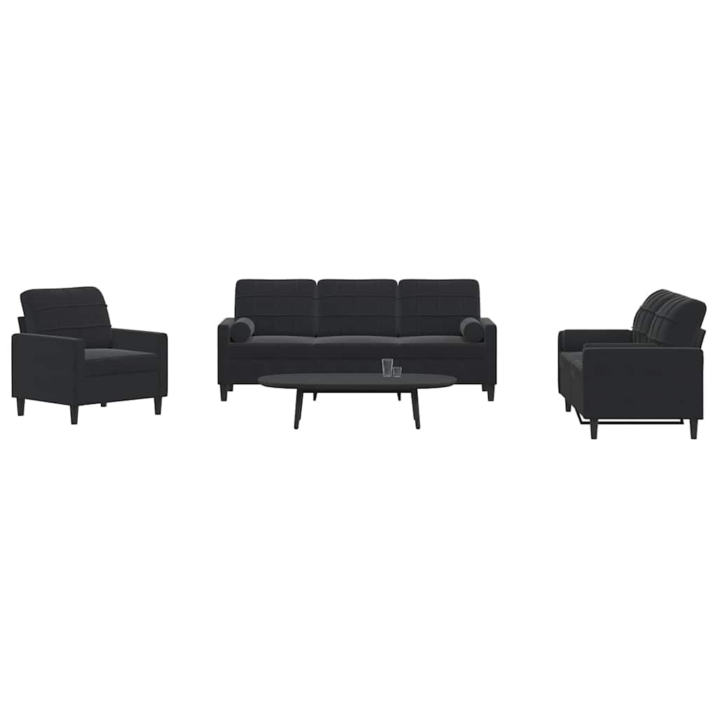 3 Pcs conjunto de sofás com almofadões e rolos veludo preto