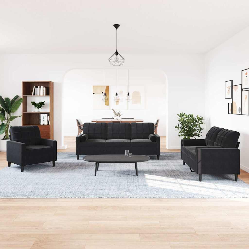 3 Pcs conjunto de sofás com almofadões e rolos veludo preto