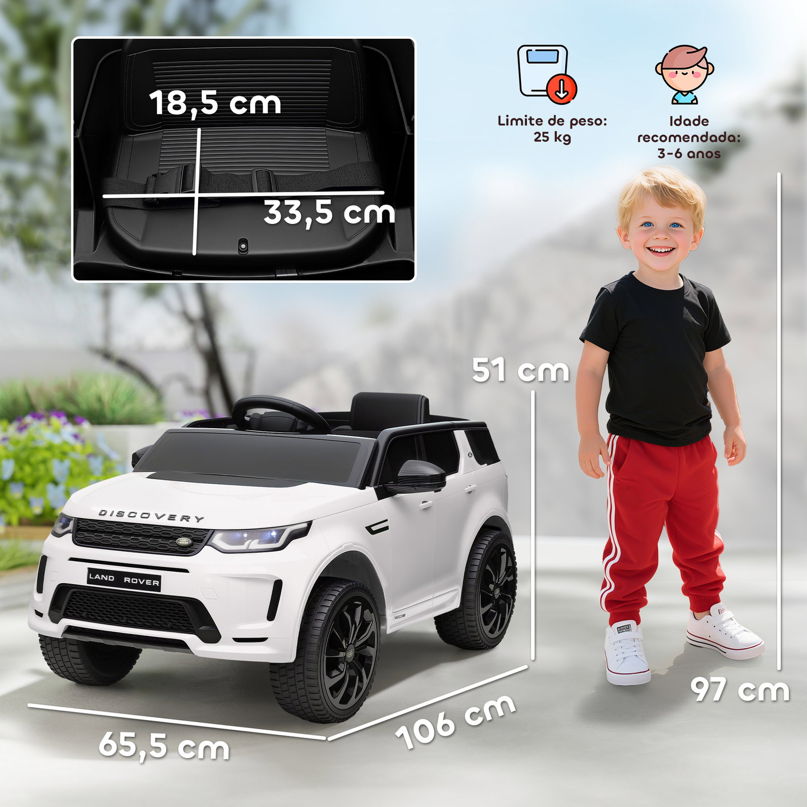 Carro elétrico para crianças acima de 3 anos com licença land rover discovery sport carro elétrico infantil com bateria 12v controlo remoto faróis buzina e música 106x65,5x51 cm branco