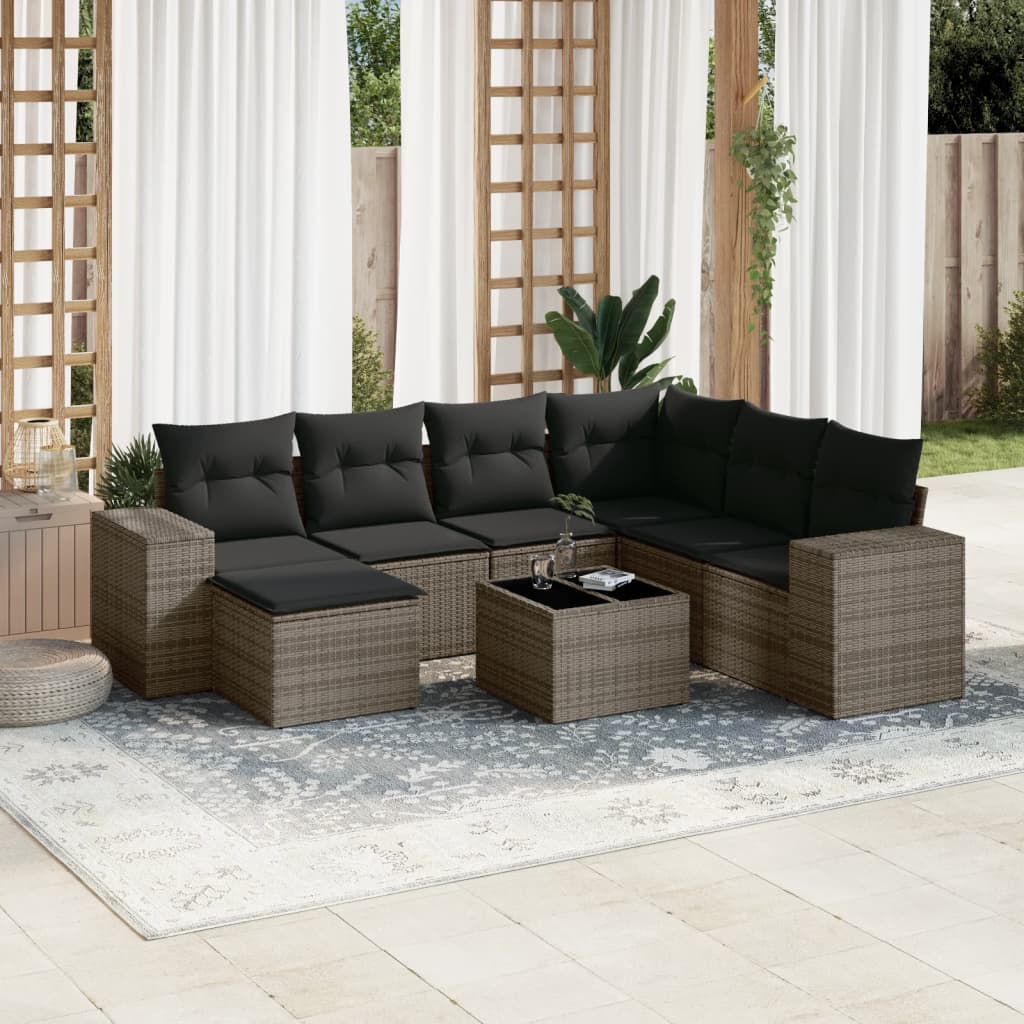 8 Pcs conjunto sofás de jardim c/ almofadões vime PE cinzento