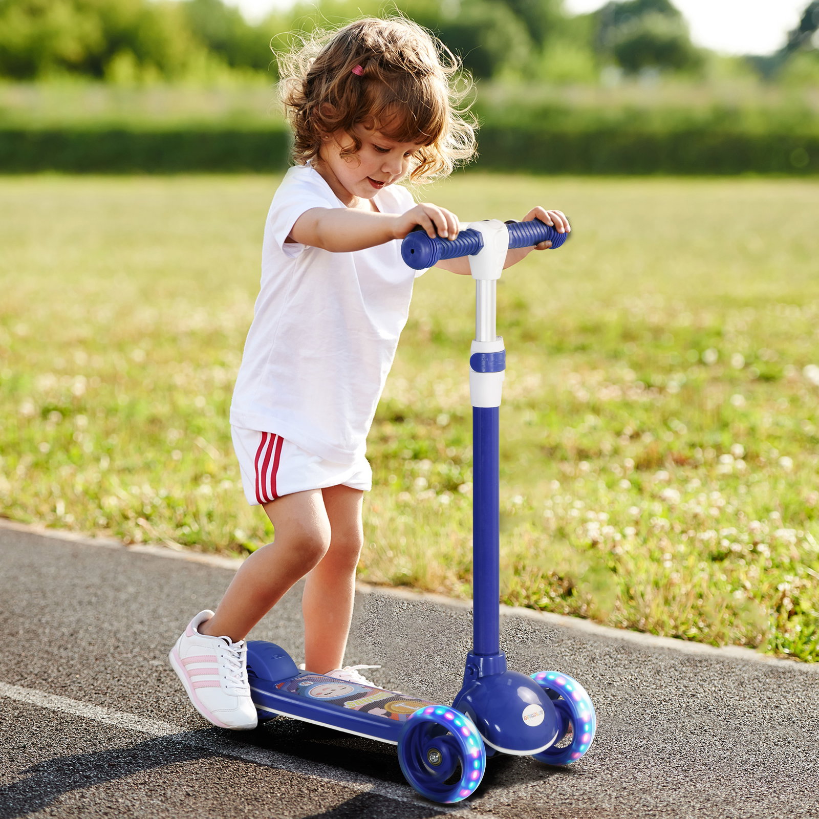 Trotinete para crianças trotinete com 3 rodas LED altura ajustável carga 25 kg 52x29x63-76 cm azul