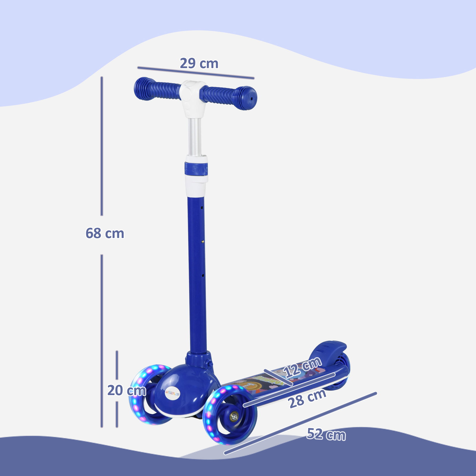 Trotinete para crianças trotinete com 3 rodas LED altura ajustável carga 25 kg 52x29x63-76 cm azul