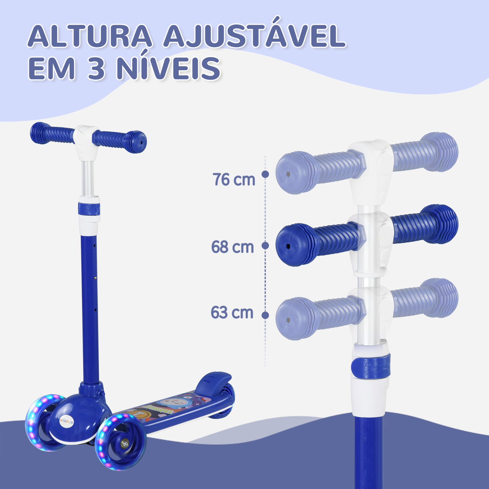 Trotinete para crianças trotinete com 3 rodas LED altura ajustável carga 25 kg 52x29x63-76 cm azul