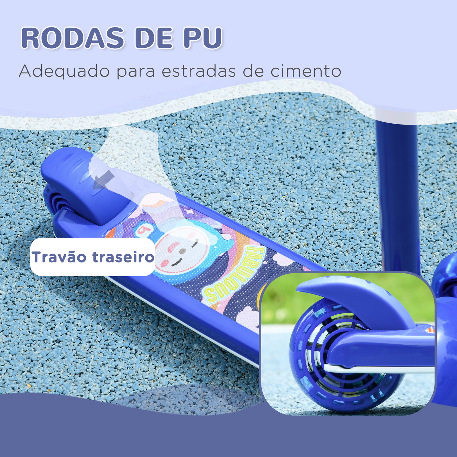 Trotinete para crianças trotinete com 3 rodas LED altura ajustável carga 25 kg 52x29x63-76 cm azul