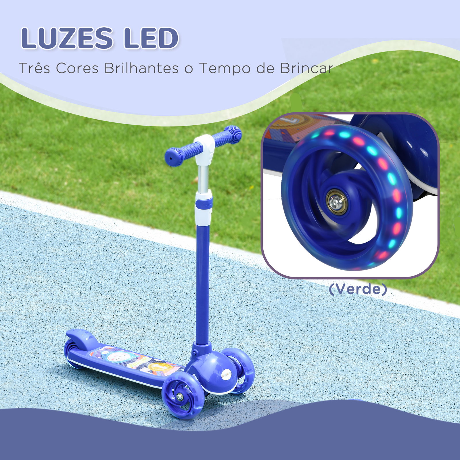 Trotinete para crianças trotinete com 3 rodas LED altura ajustável carga 25 kg 52x29x63-76 cm azul