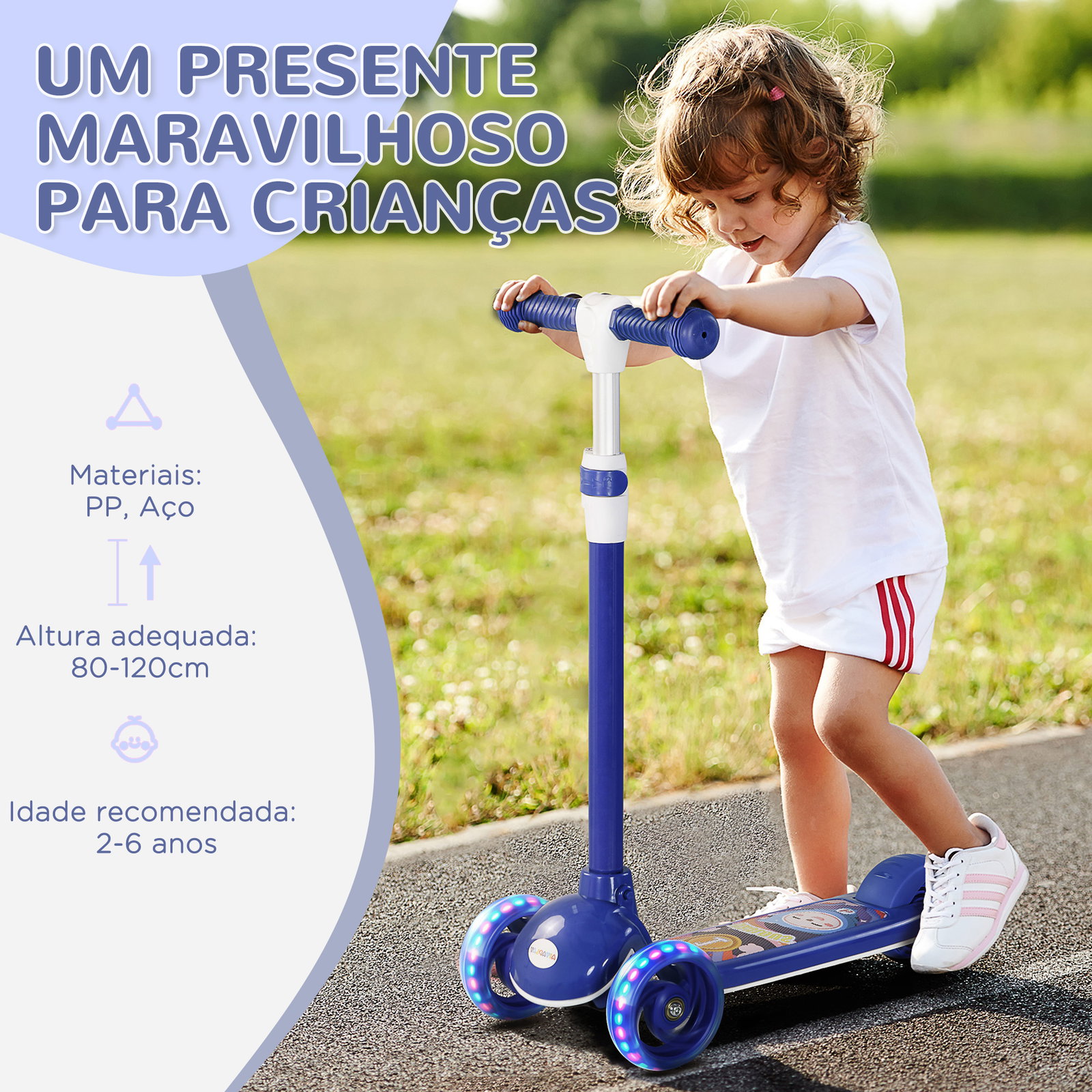 Trotinete para crianças trotinete com 3 rodas LED altura ajustável carga 25 kg 52x29x63-76 cm azul