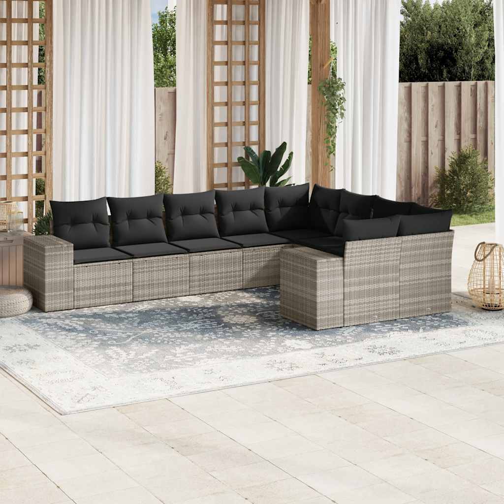 9 Pcs conj. sofás jardim com almofadões vime PE cinzento-claro