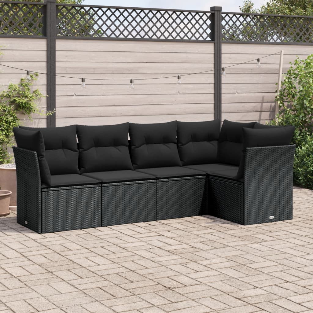 5 Pcs conjunto sofás de jardim com almofadões vime PE preto