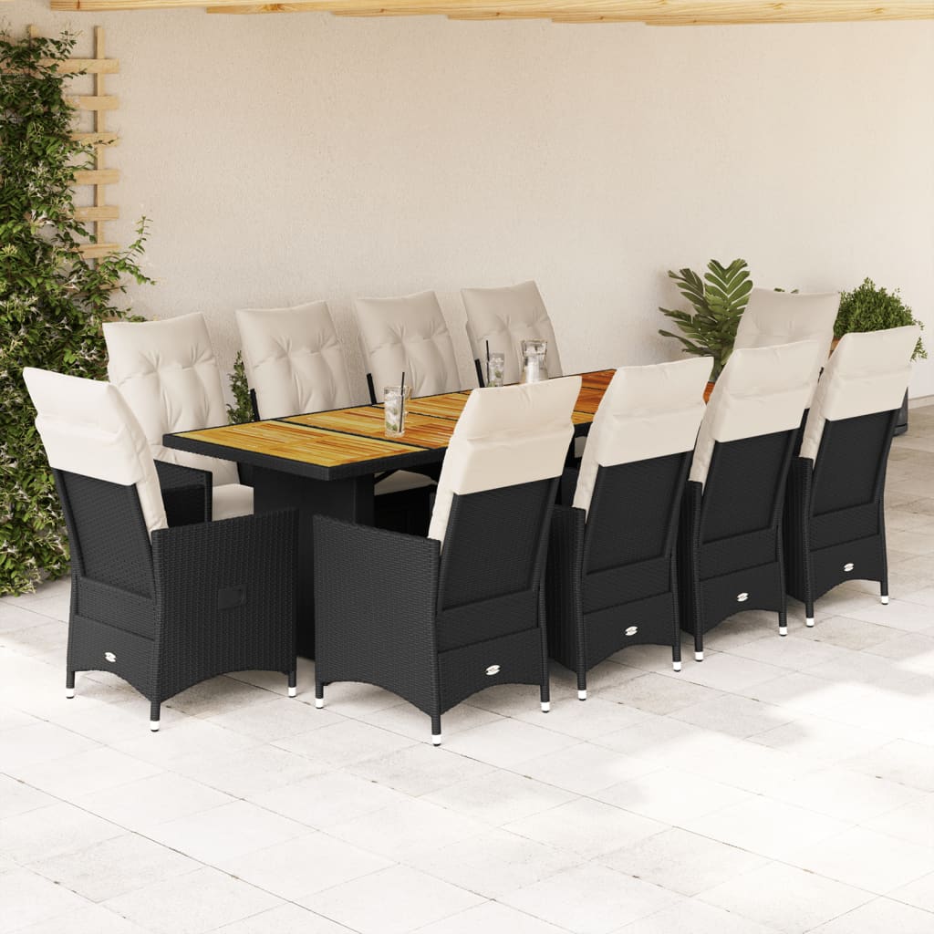 11 Pcs conjunto de bistrô p/ jardim c/ almofadões vime PE preto