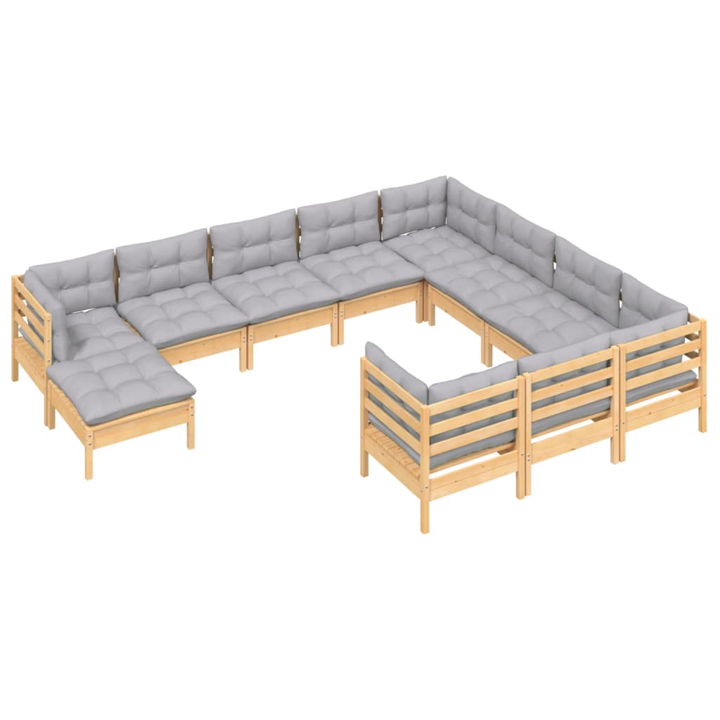 11 Pcs conjunto lounge de jardim c/ almofadões cinza pinho