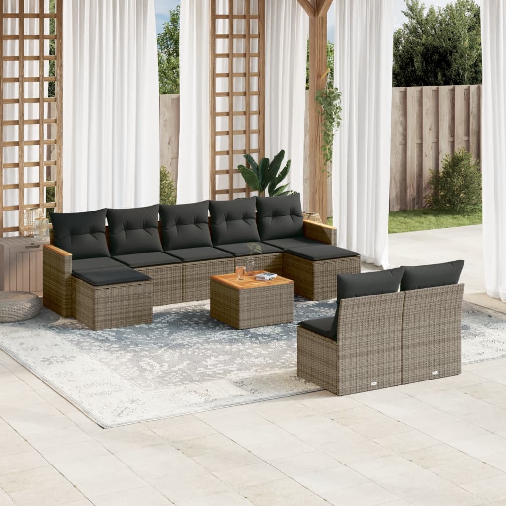 10 Pcs conjunto sofás de jardim c/ almofadões vime PE cinzento