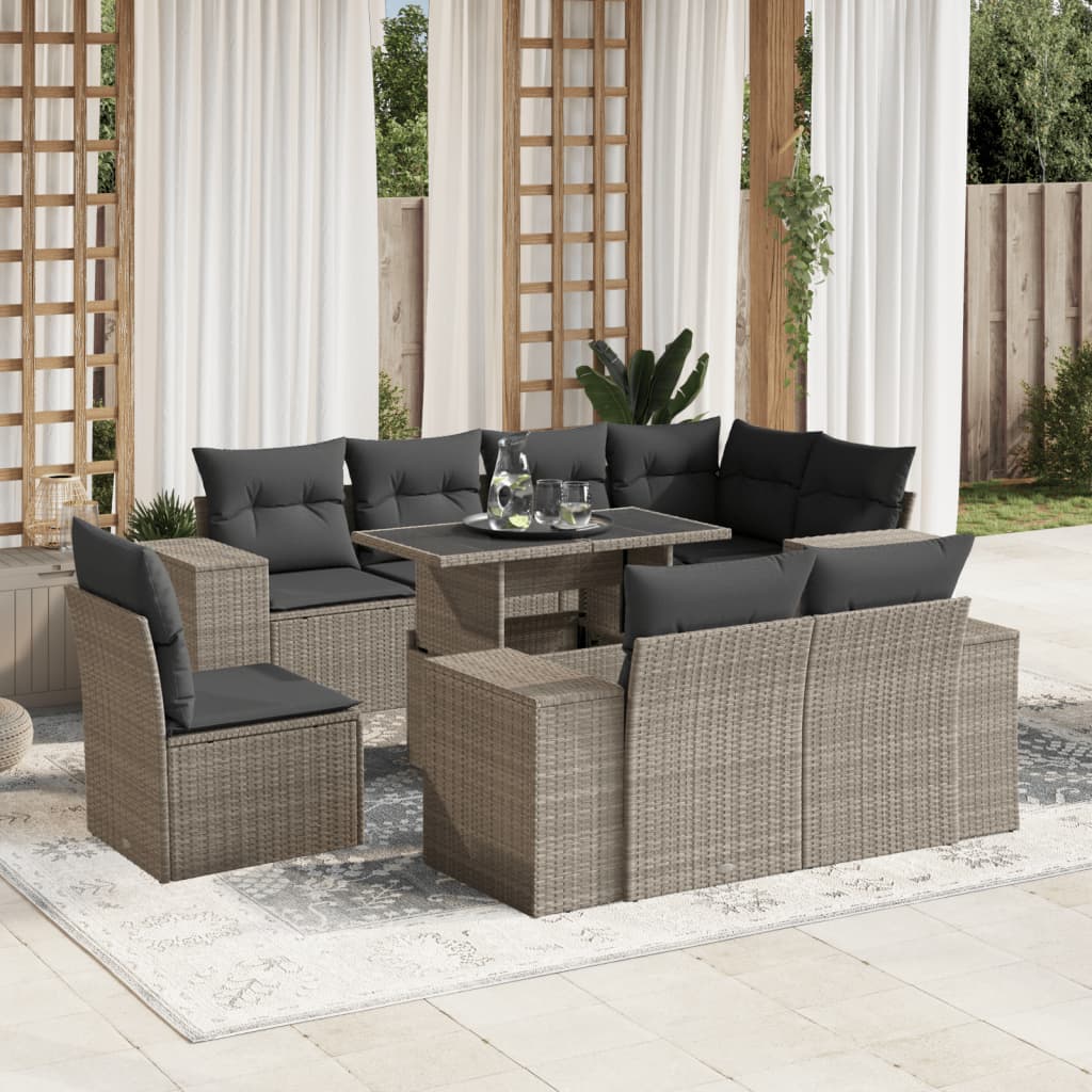 9 Pcs conj. sofás jardim com almofadões vime PE cinzento-claro