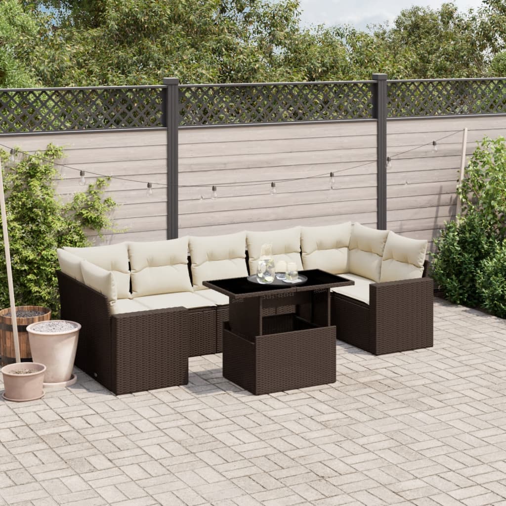 8 Pcs conjunto sofás de jardim c/ almofadões vime PE castanho
