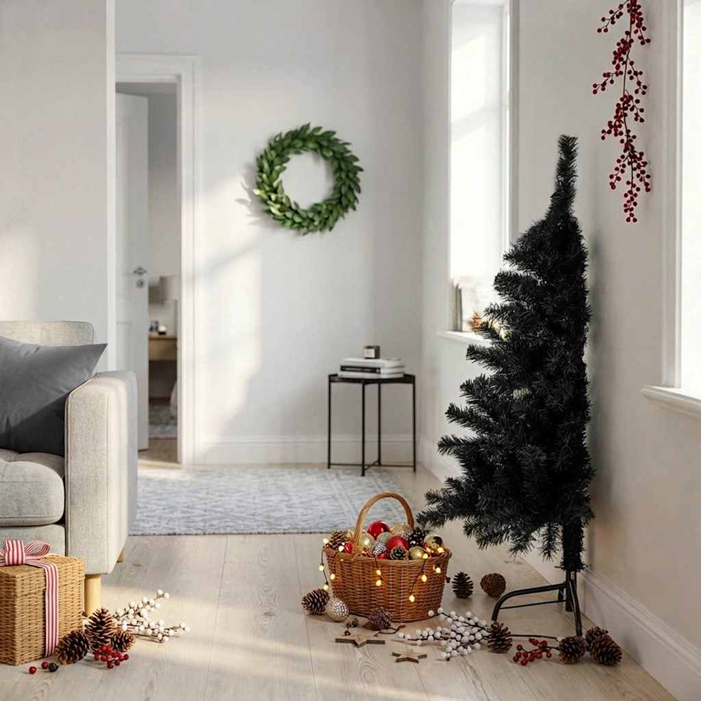 Meia árvore de natal artificial com suporte 120 cm PVC preto
