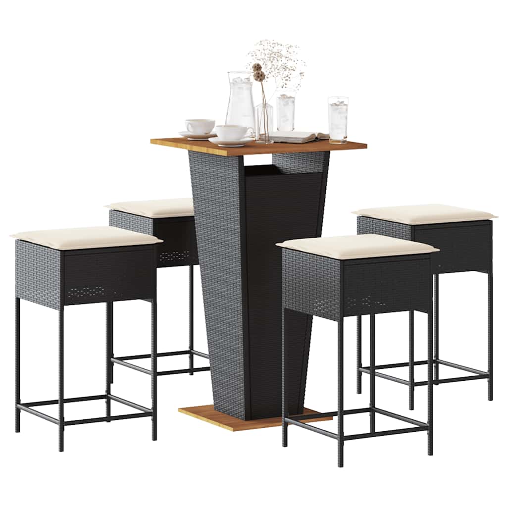 5 Pcs conjunto de bar p/ jardim c/ almofadões vime PE preto