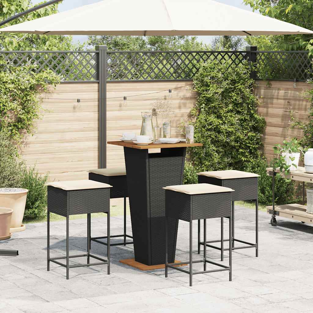 5 Pcs conjunto de bar p/ jardim c/ almofadões vime PE preto