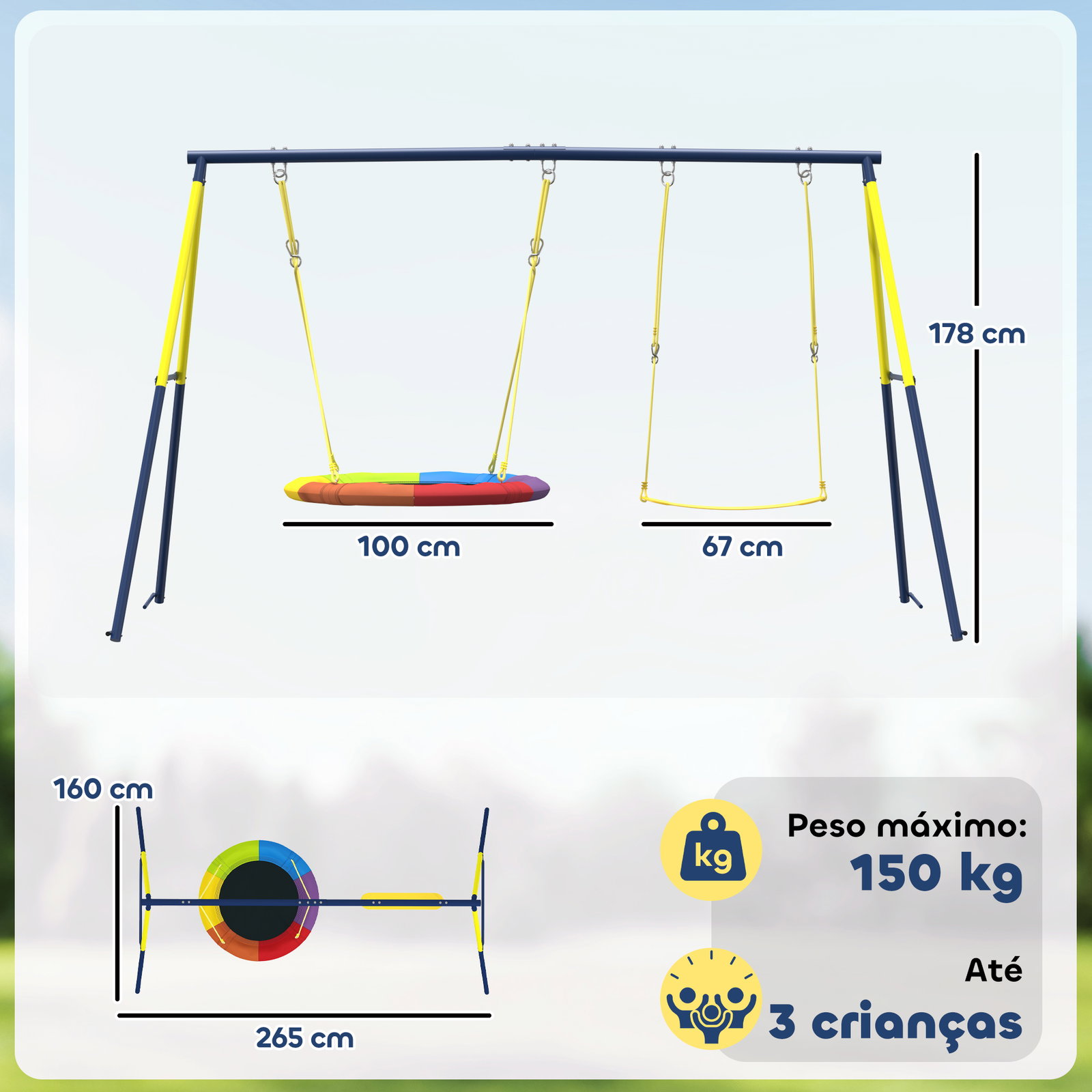 Baloiço para bebés com cordas ajustáveis estrutura de aço carga 150 kg para 3 crianças de 3-8 anos multicolor