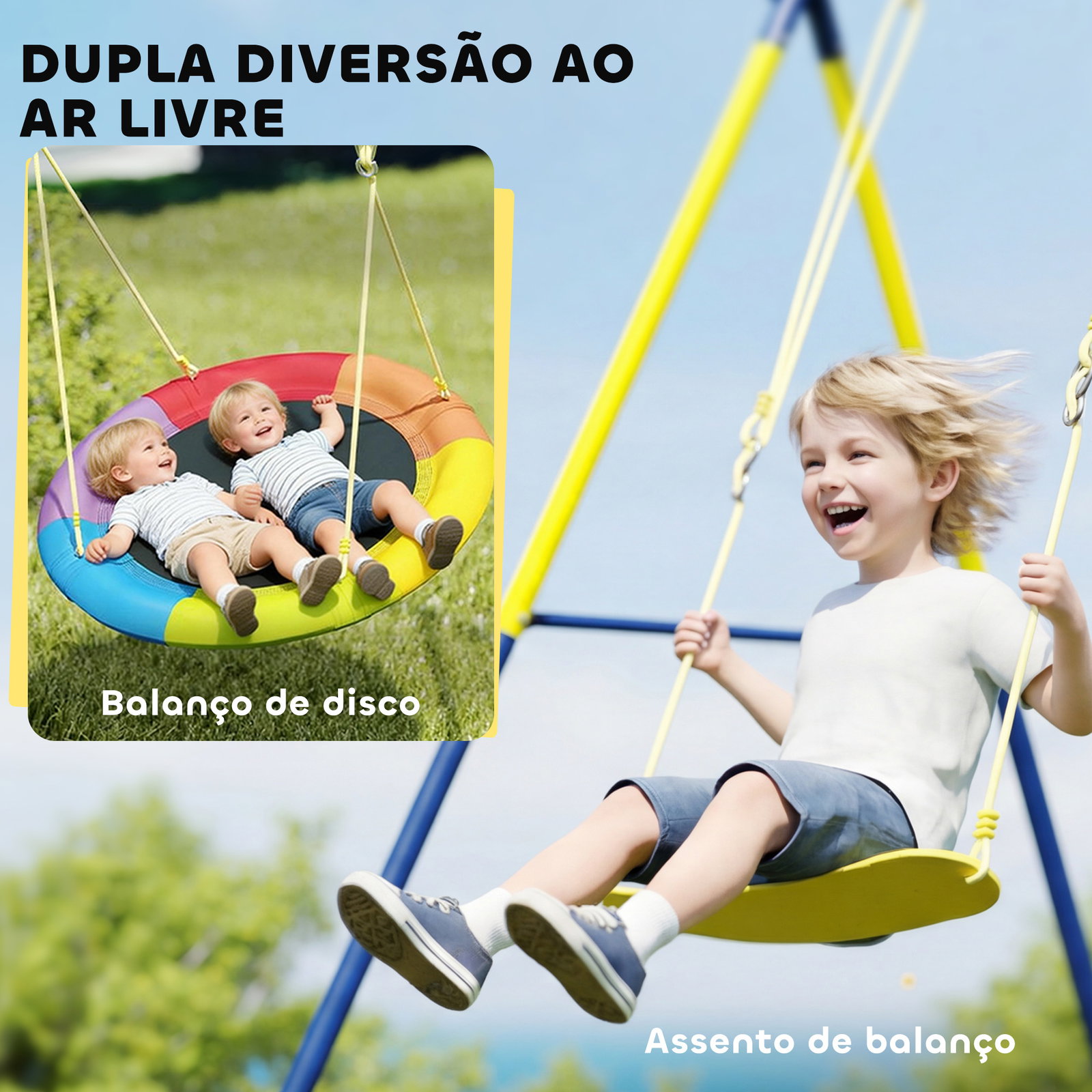 Baloiço para bebés com cordas ajustáveis estrutura de aço carga 150 kg para 3 crianças de 3-8 anos multicolor