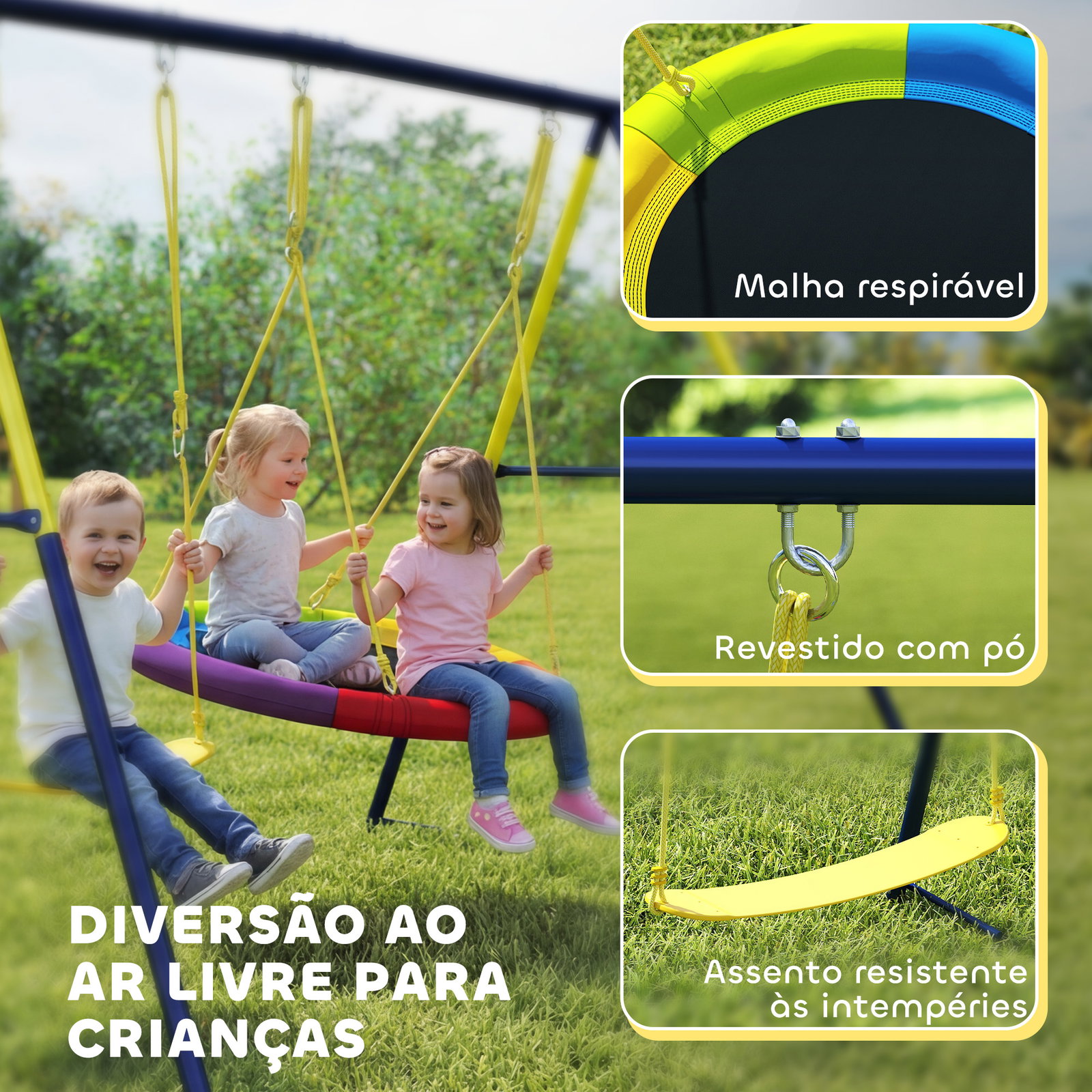Baloiço para bebés com cordas ajustáveis estrutura de aço carga 150 kg para 3 crianças de 3-8 anos multicolor