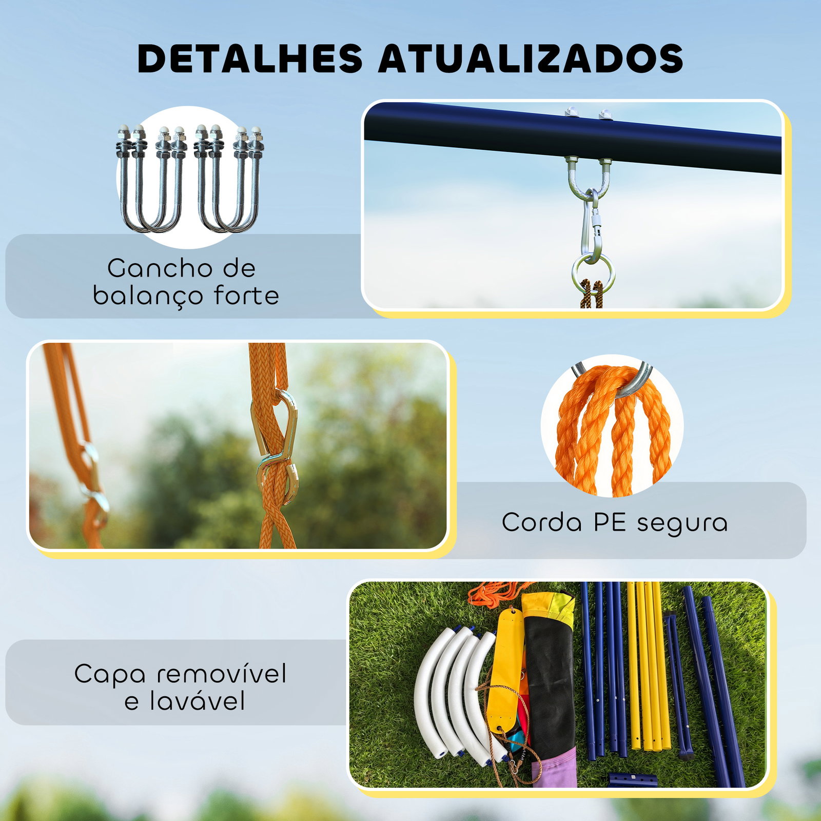 Baloiço para bebés com cordas ajustáveis estrutura de aço carga 150 kg para 3 crianças de 3-8 anos multicolor