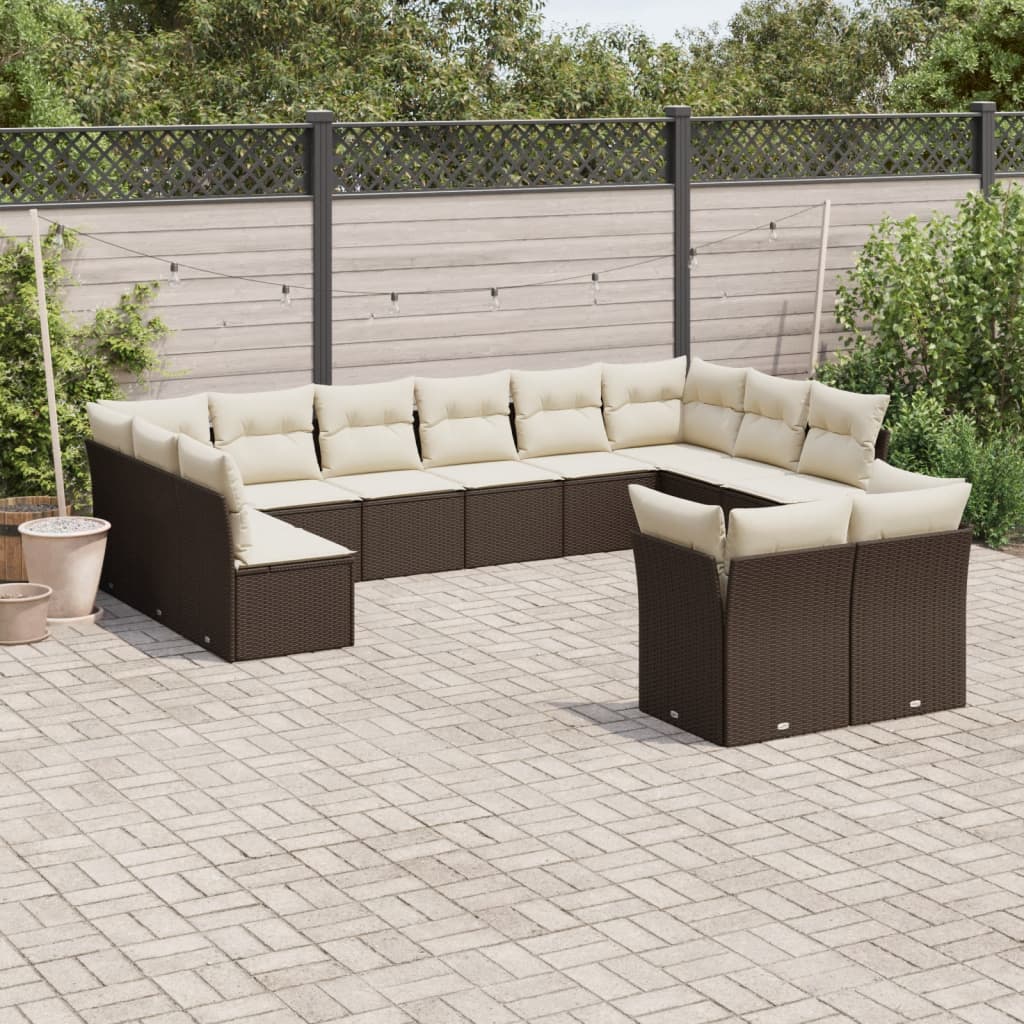 12 Pcs conjunto de sofás jardim com almofadões vime PE castanho