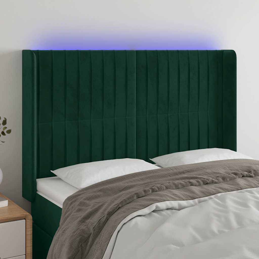 Cabeceira de cama c/ LED veludo 147x16x118/128 cm verde-escuro
