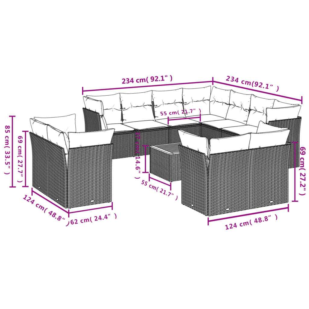 12 Pcs conjunto de sofás p/ jardim com almofadões vime PE bege