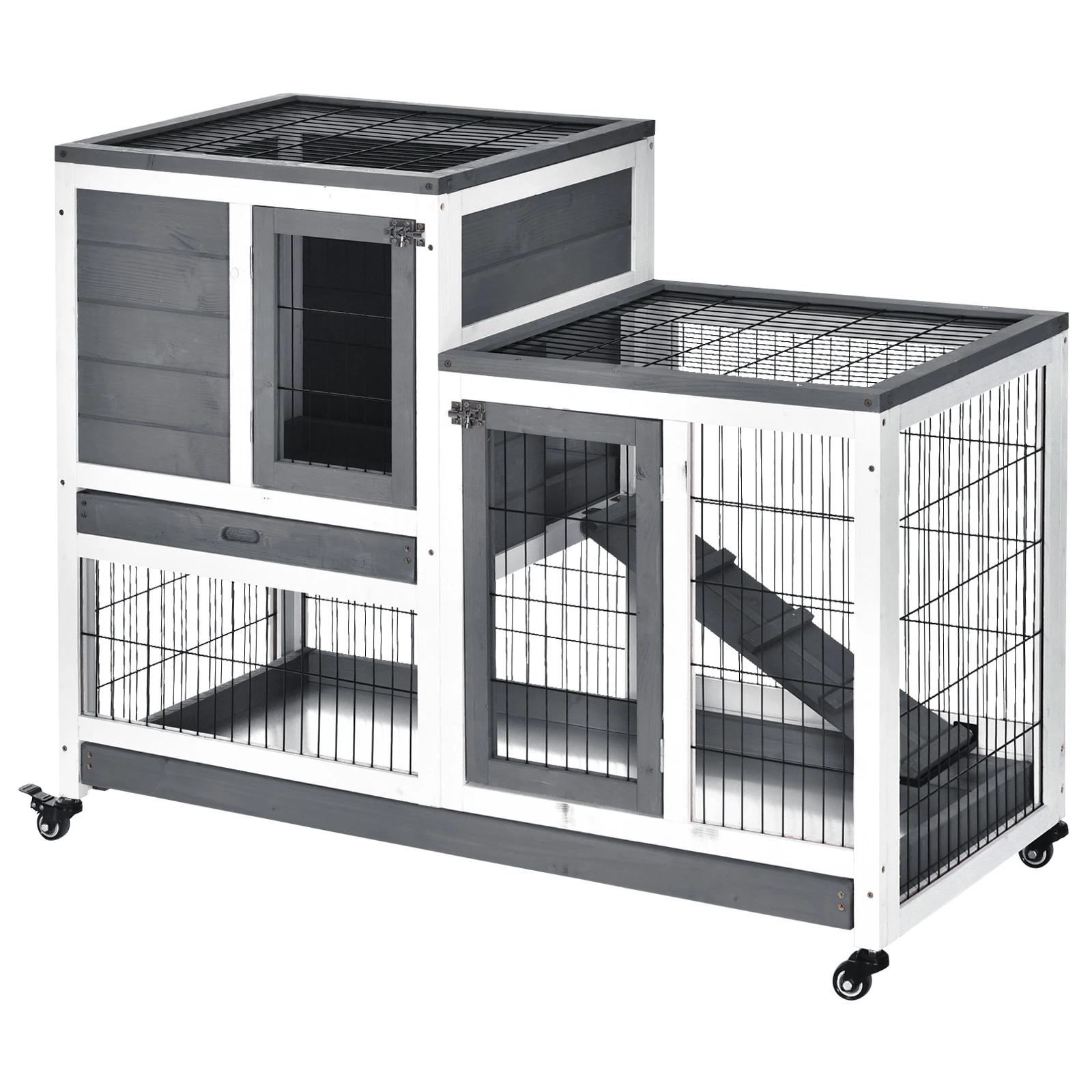 Coelheira de Madeira Interior com Rodas Gaiola para Coelhos Animais Pequenos de 2 Pisos com Zona Aberta Rampa e 2 Bandejas Remov