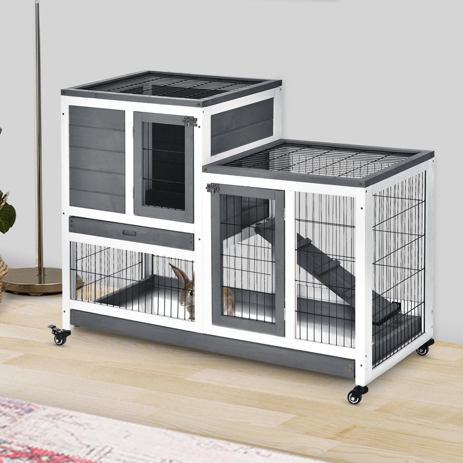 Coelheira de Madeira Interior com Rodas Gaiola para Coelhos Animais Pequenos de 2 Pisos com Zona Aberta Rampa e 2 Bandejas Remov