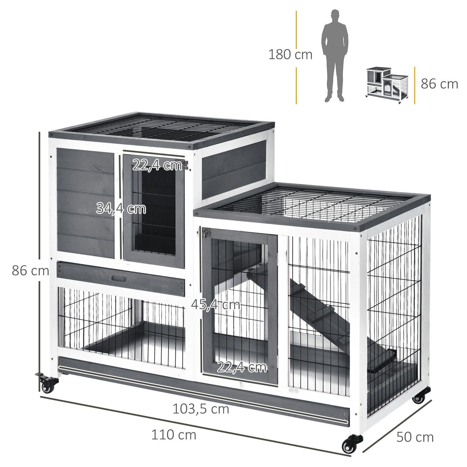 Coelheira de Madeira Interior com Rodas Gaiola para Coelhos Animais Pequenos de 2 Pisos com Zona Aberta Rampa e 2 Bandejas Remov