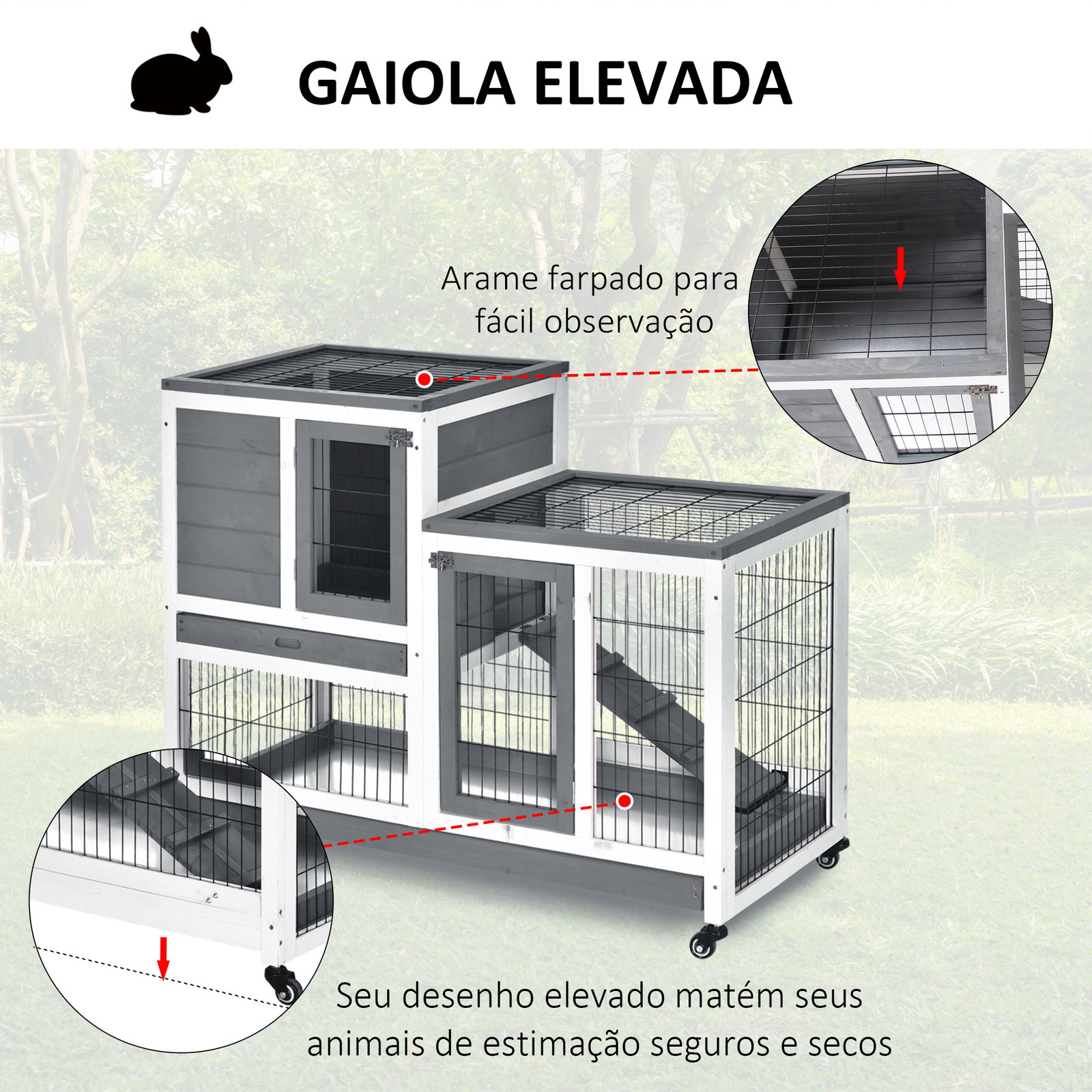 Coelheira de Madeira Interior com Rodas Gaiola para Coelhos Animais Pequenos de 2 Pisos com Zona Aberta Rampa e 2 Bandejas Remov