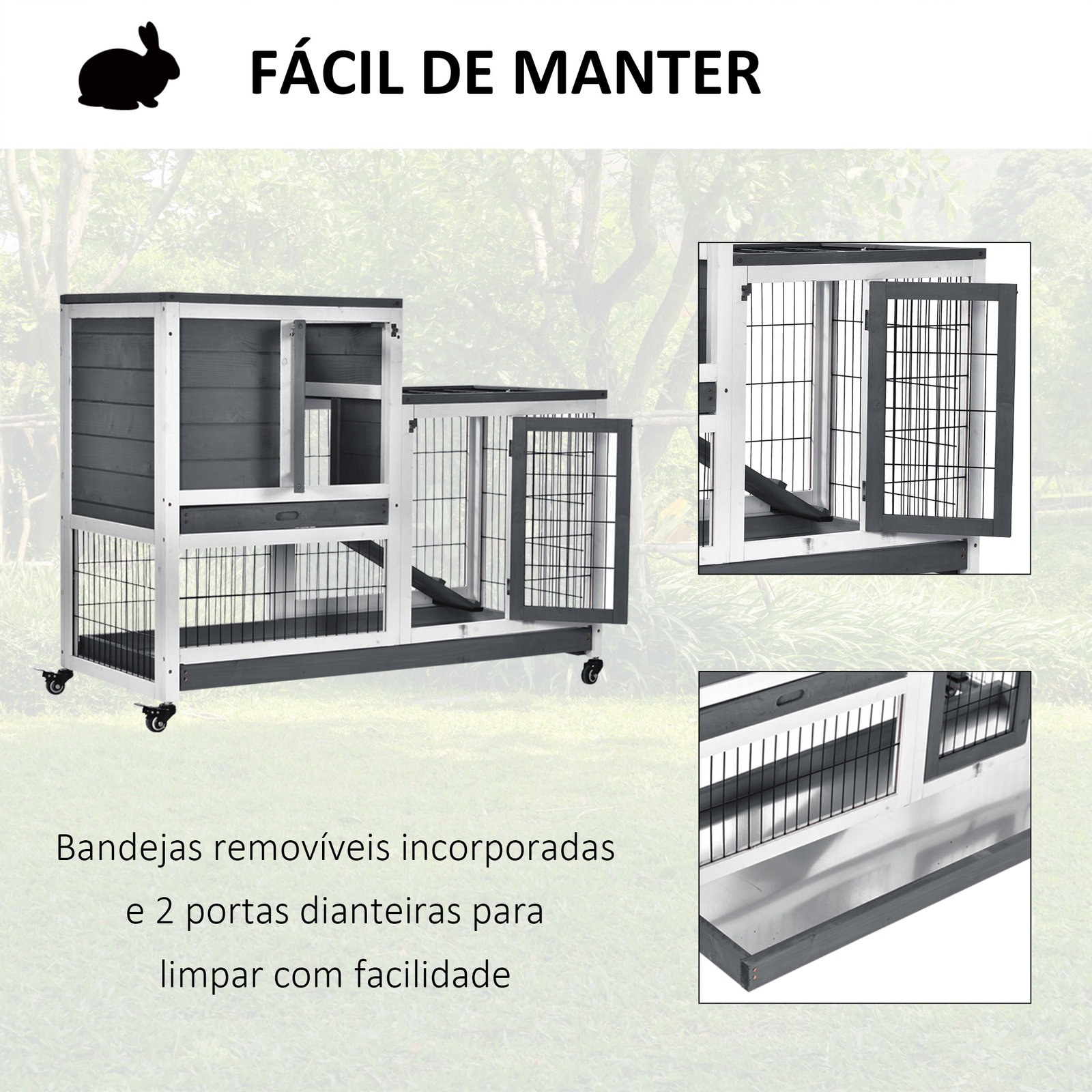 Coelheira de Madeira Interior com Rodas Gaiola para Coelhos Animais Pequenos de 2 Pisos com Zona Aberta Rampa e 2 Bandejas Remov