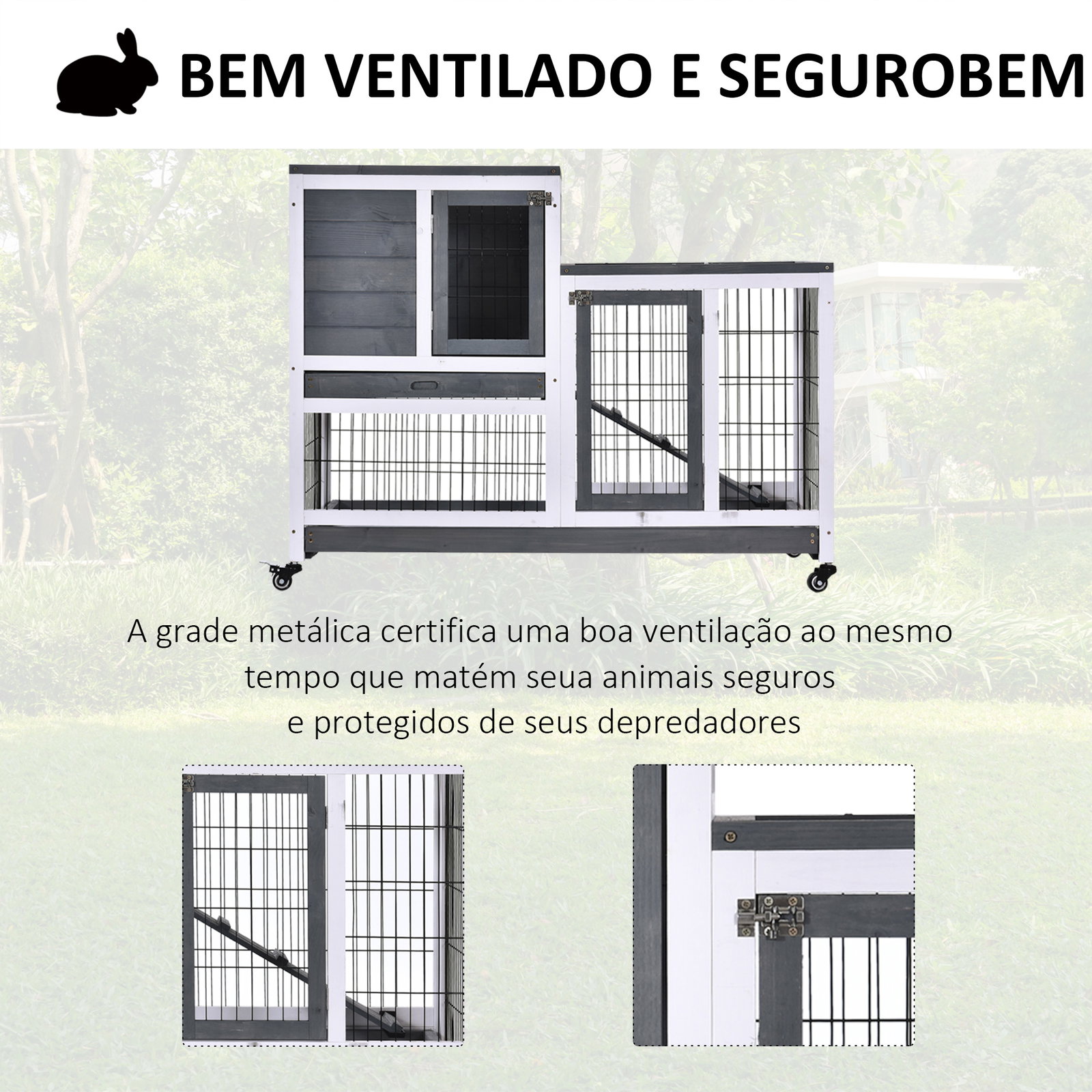 Coelheira de Madeira Interior com Rodas Gaiola para Coelhos Animais Pequenos de 2 Pisos com Zona Aberta Rampa e 2 Bandejas Remov